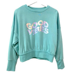 Good Vibes Psychedelic Mint Green Batwing Fleece Cropped Sweatshirt Size M